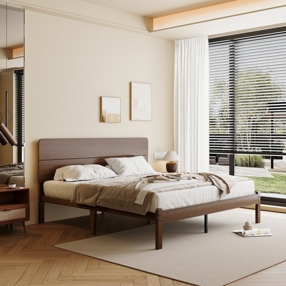 Walnut-colored solid wood and bamboo bed frame with headboard, easy to assemble, no box springs required