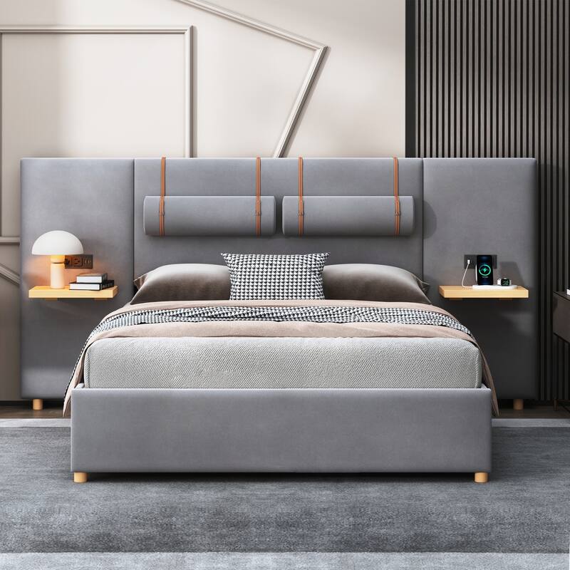 Queen Upholstered Platform Bed with Two Outlets and USB Charging Ports on Both Sides - Grey - Queen