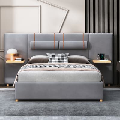 Queen Upholstered Platform Bed with Two Outlets and USB Charging Ports on Both Sides