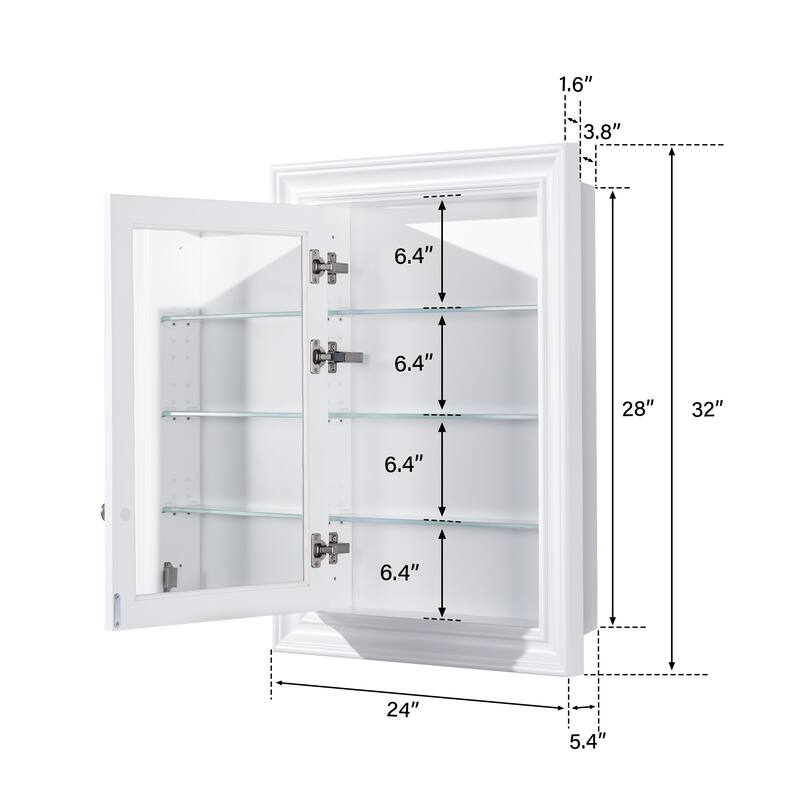 32''H Recessed Mount Solid Wood Framed Medicine Cabinet With Mirror and Shelves
