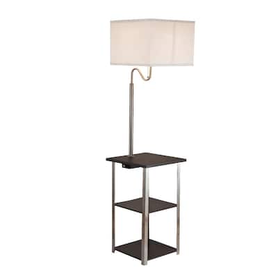 Silver Metal Tray Table Floor Lamp with USB, Outlet and Fabric Shade - 14” x 14” x 58” (D x W x H)