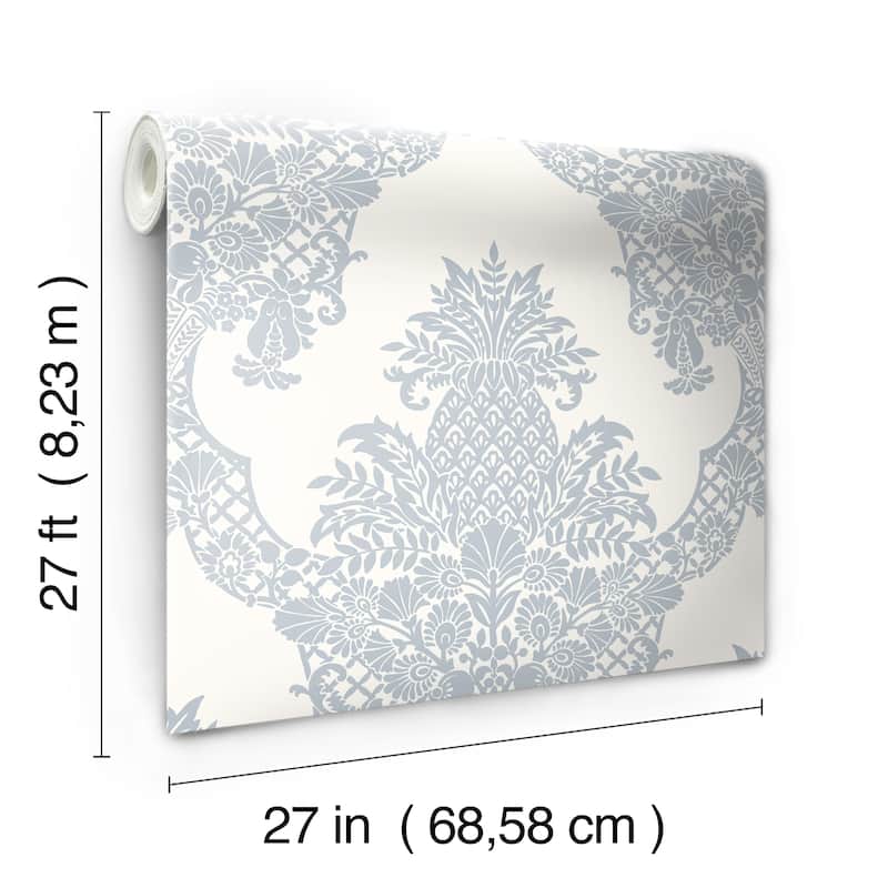 Franconville Periwinkle/White Sure Strip Prepasted Damask Pineapple Plantation Wallpaper Covers about 60.75 sq. ft.