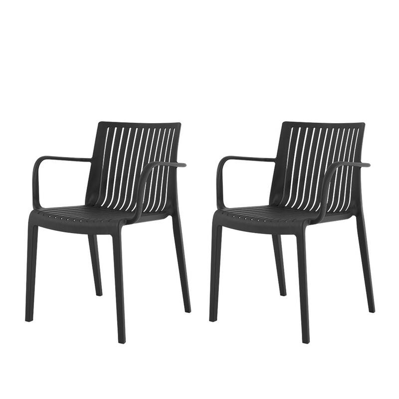 HomeRoots Set of Two Black Heavy Duty Plastic Outdoor Stacking Arm Chairs