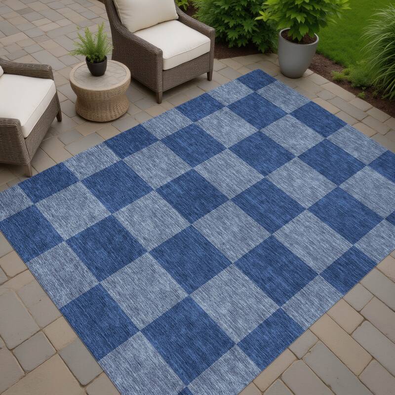 Machine Washable Indoor/ Outdoor Modern Checker Chantille Rug - Blue - 9' x 12'