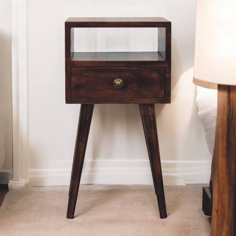 Mini Solid Wood Nightstand with Drawer and Open Shelf, Nordic Legs, Dark Brown - Brown