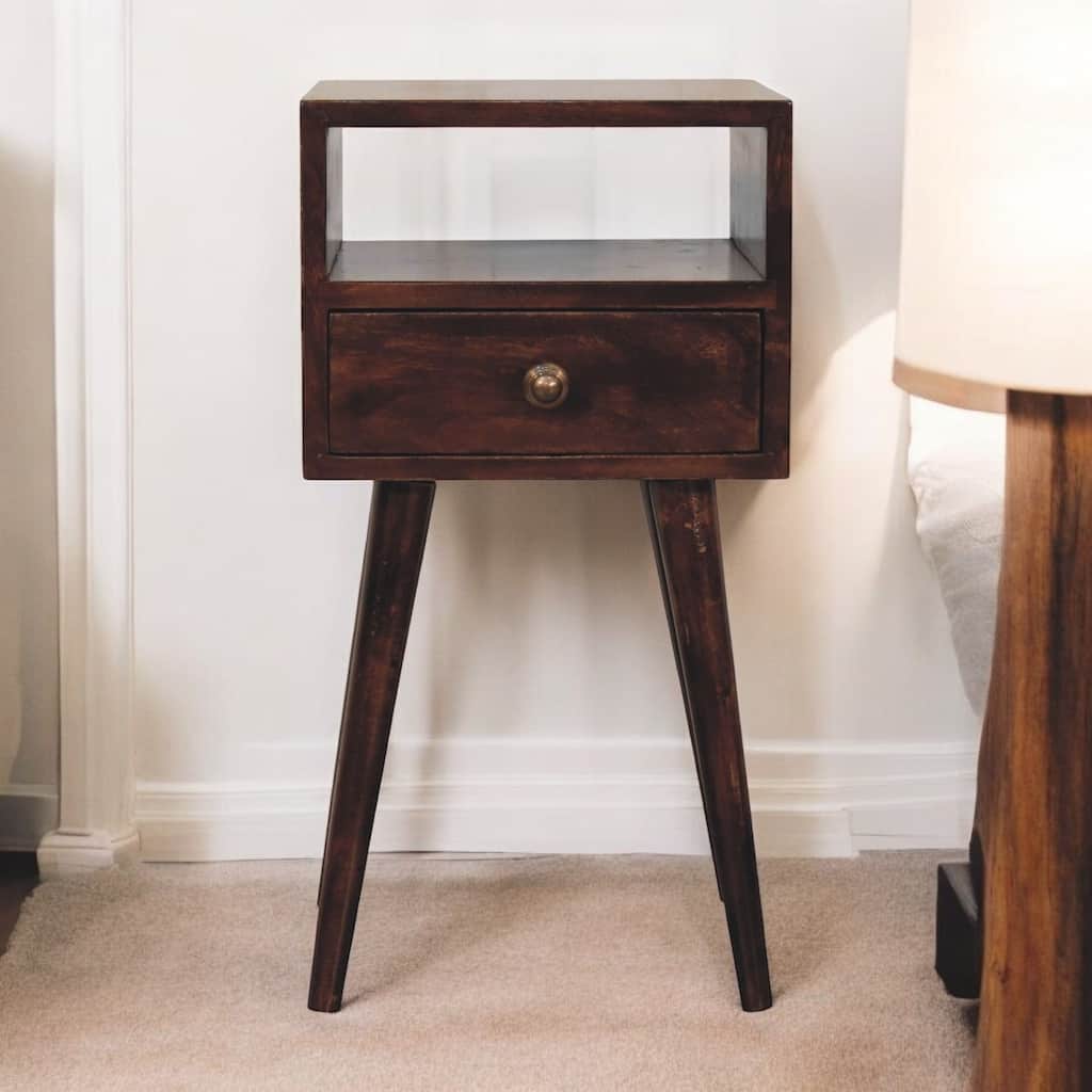 Mini Solid Wood Nightstand with Drawer and Open Shelf, Nordic Legs, Dark Brown