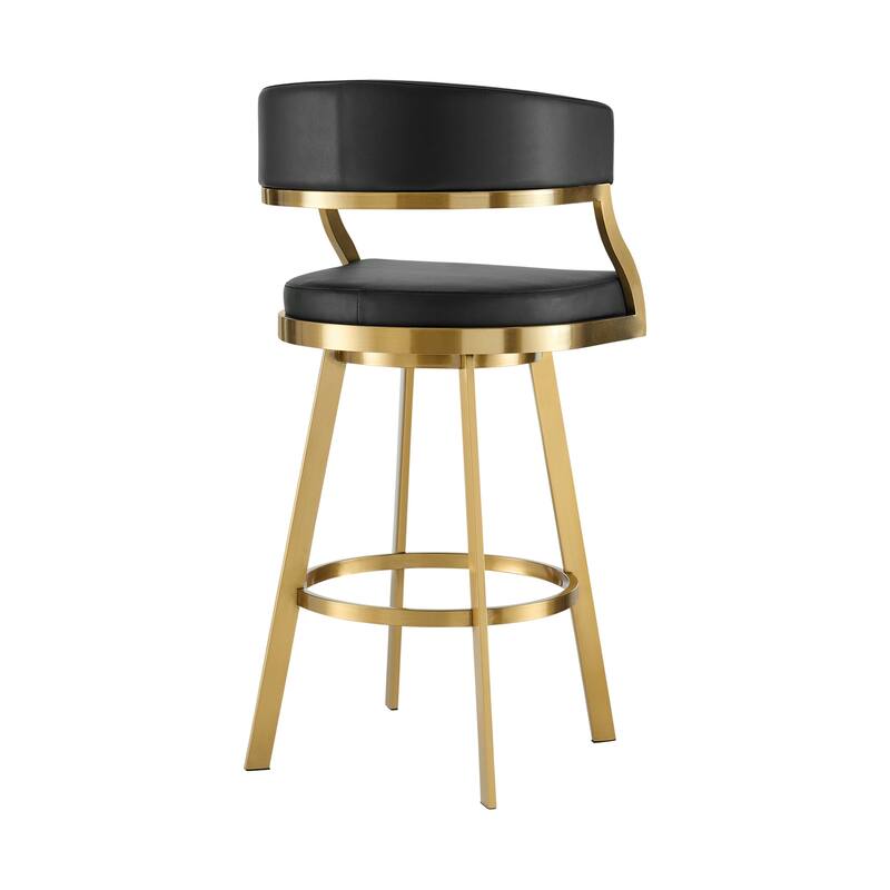 HomeRoots 26" Black and Gold Faux Leather and Stainless Steel Low Back Counter Height Swivel Bar Chair
