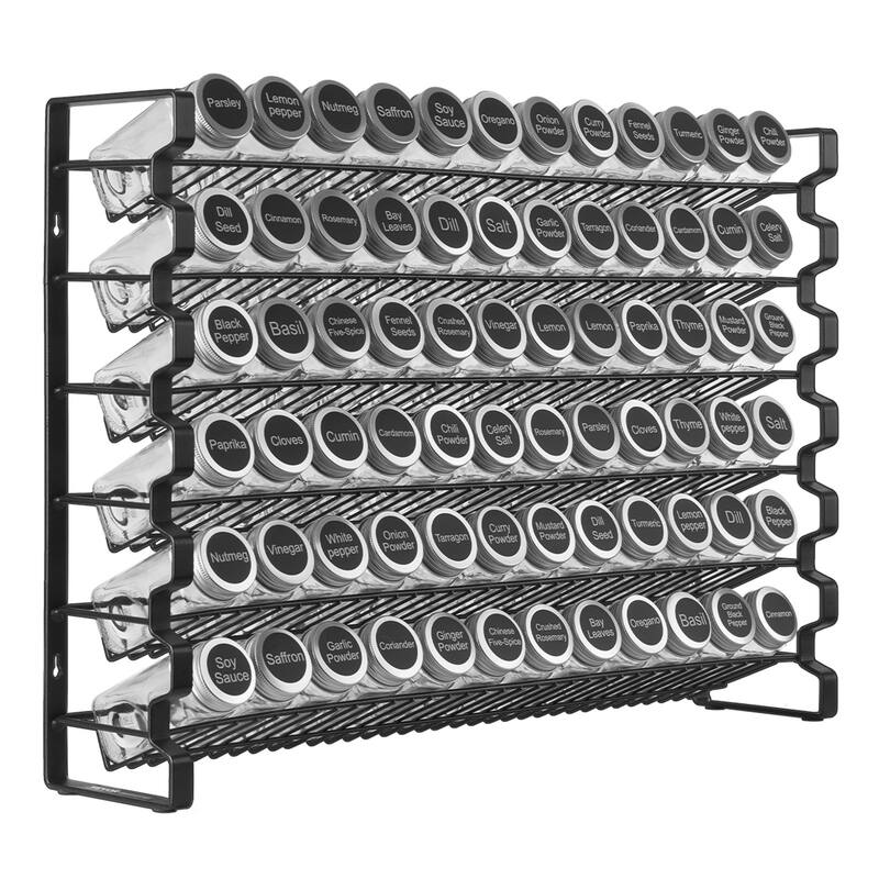 Black Steel Spice Rack with Glass Jars and Wall Mount Option