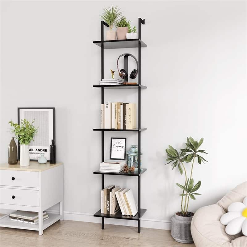 5 Tier Ladder Shelf 70 Inch Wall Mounted Bookshelf Metal - 11.6"D x 15.4"W x 70.8"H - Black