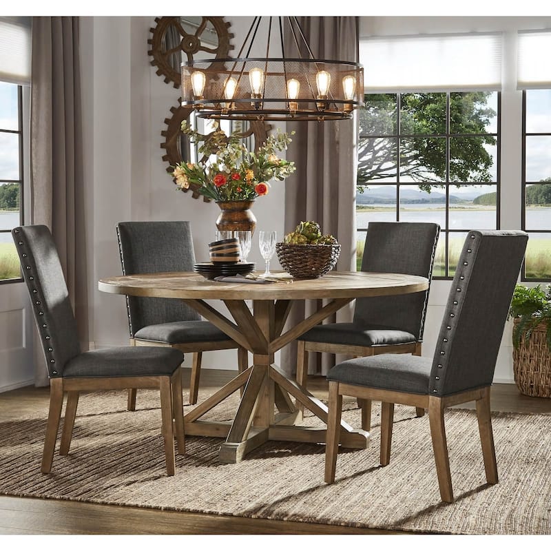 Benchwright Rustic X-Base Round Pine Wood Dining Set with Nail Head Chairs by iNSPIRE Q Artisan - 5-Piece Set - Dark Grey