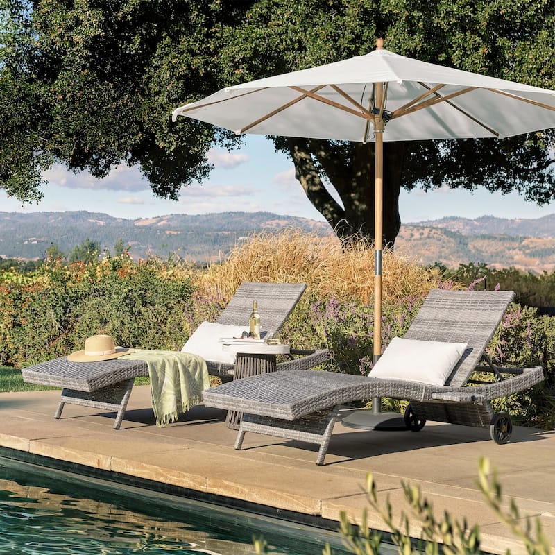 80"Patio Chaise Lounge Chairs Set of 2, Rattan Reclining Chair w/Rolling Wheels & Pull-out Side Table, Adjustable Backrest