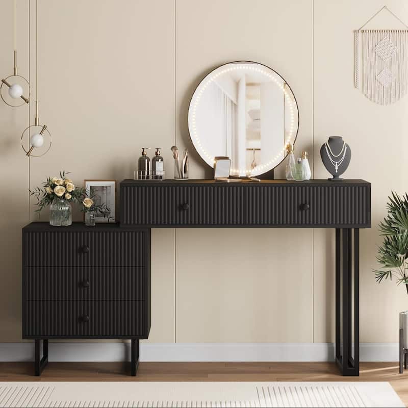 Vanity Desk with Mirror and Lights,Makeup Vanity with 5 Drawers, Modern Makeup Vanity Organizer with 3 Color Lights