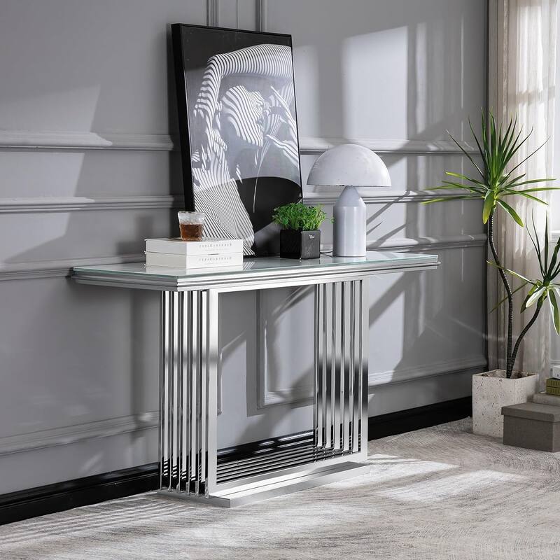 Glam 60 inch Rectangular Glass Console Table with Brushed Gold Stainless Steel Base