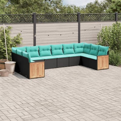 vidaXL 10 Piece Patio Sofa Set with Cushions Black Poly Rattan