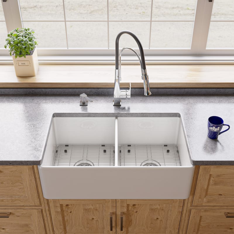White Reversible Apron 33" x 18" Double Bowl Fireclay Farm Sink