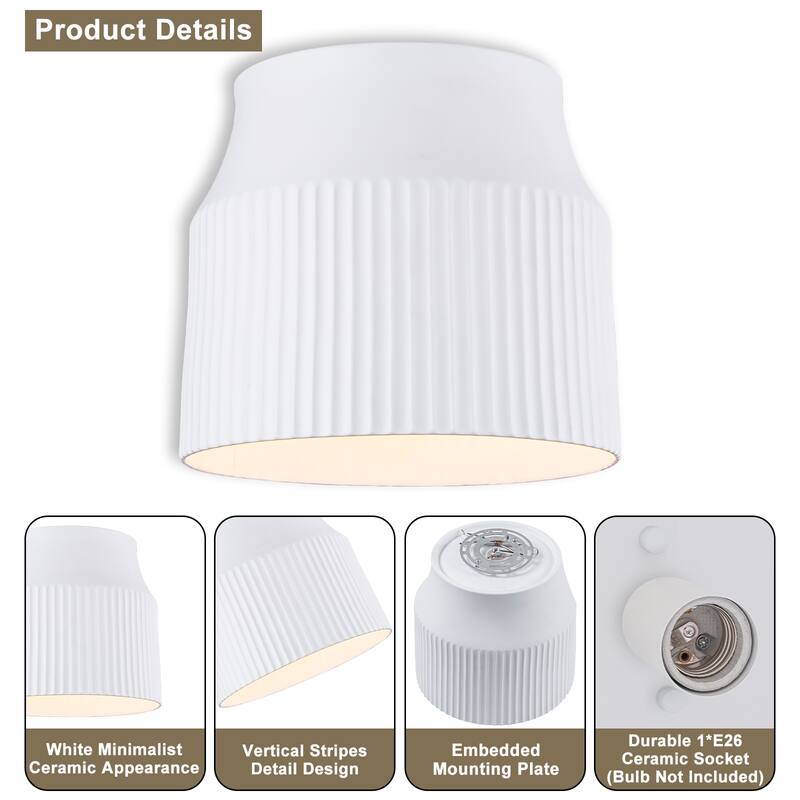 1-Light Matte White Flush Mount Ceiling Light with Ceramic Drum Shade - Dia.9.45-in