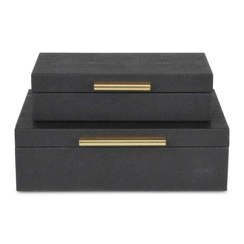 Set of 2 Black Rectangular Faux Shagreen Decorative Box with Handles 11.75"