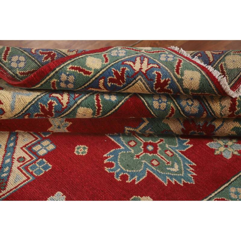 Geometric Red Kazak Area Rug Hand-Knotted Oriental Wool Carpet - 6'8" x 10'2"