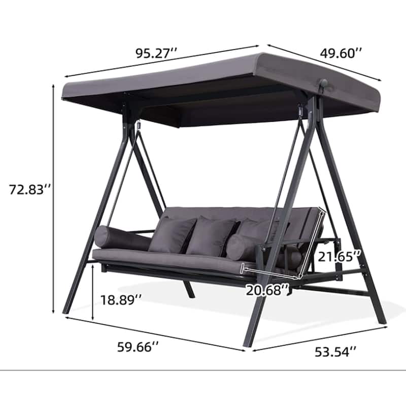 PURPLE LEAF 3-seat Outdoor Patio Porch Swing Adjustable Backrest, Cushions and Pillow Included