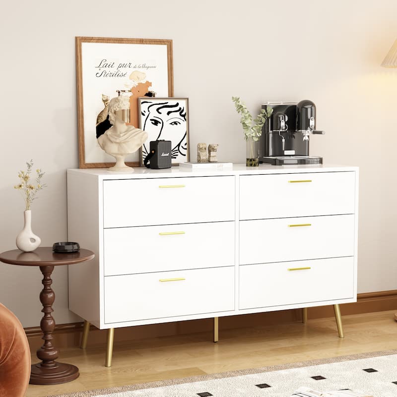 6-Drawer Double Dresser with Gold Accents Bedroom Storage Solution