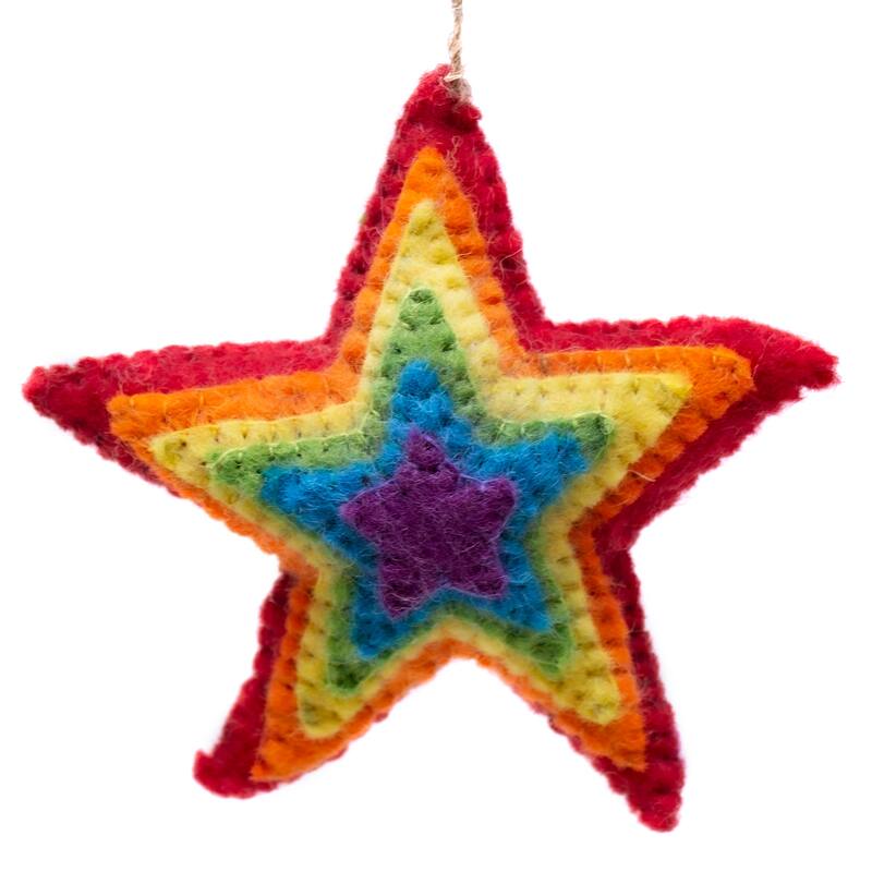 Rainbow Heart and Star Burst Handmade Felt Ornaments, Set of 2