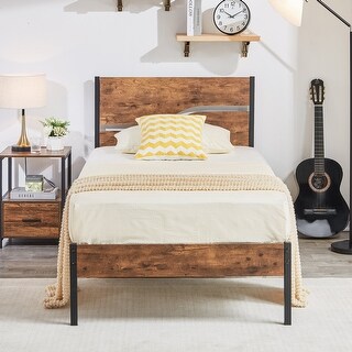 VECELO Queen Size Bed Industrial Platform Bed Frame with Wood Headboard,Easy Set up