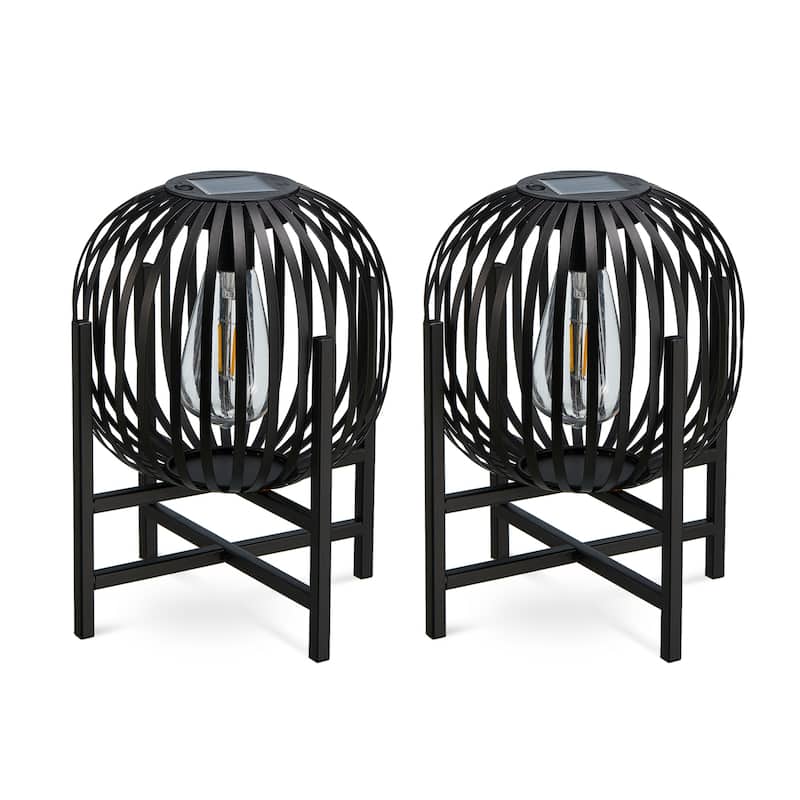 Glitzhome Set of 2 Outdoor Black Metal Striped Solar Lantern Floor Lamp - 11.5"H