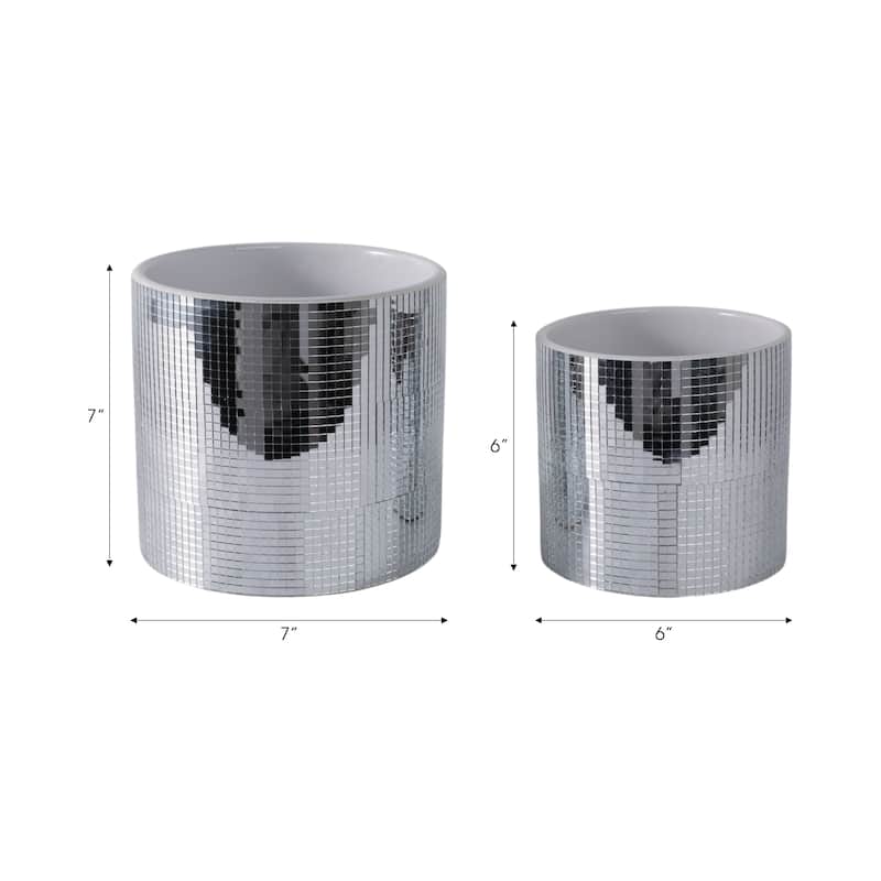 Stoneware Mirrored Tile Metallic Planters (Set of 2) - 7", 6" Silver - 7" x 7" x 7"