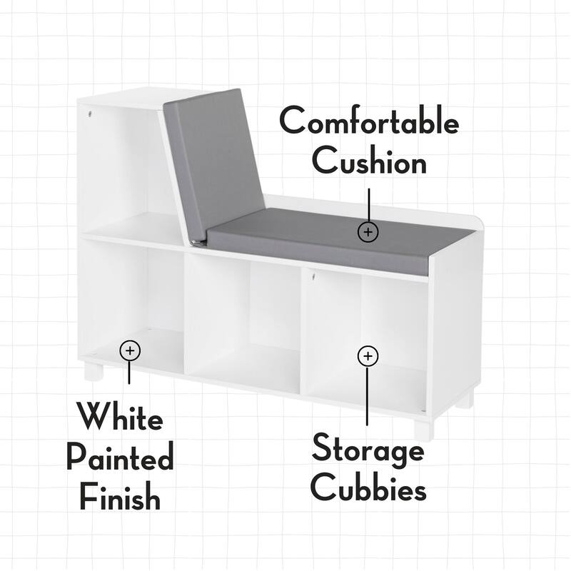 RiverRidge Kids Reading Nook Cushioned Toy Storage Bench with Cubby Organizers with Optional Fabric Bins- White