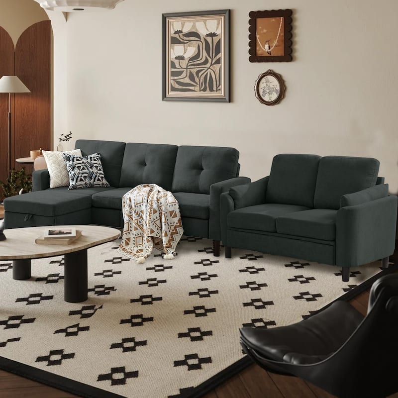 3 Pieces Living Room Set with Storage Ottoman