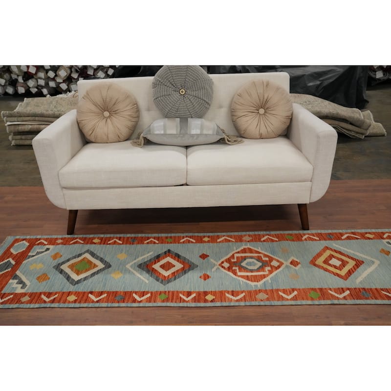 Hand Woven Oriental 100% Wool Carpet Southwestern Tribal Navy Blue & Blues Kilim Runner Rug - 8' 2'' X 2' 0''