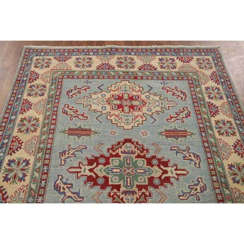 Light Blue Geometric Kazak Area Rug Handmade Wool Carpet - 4'11" x 6'10"