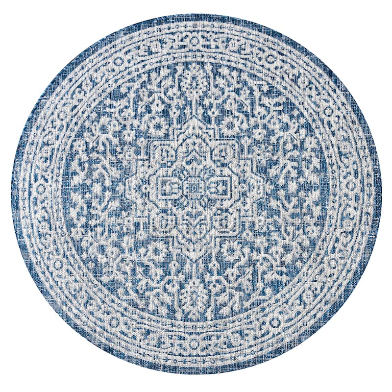 JONATHAN Y Rozetta Medallion Textured Weave Indoor/Outdoor Area Rug - 5' Round - Navy/Gray