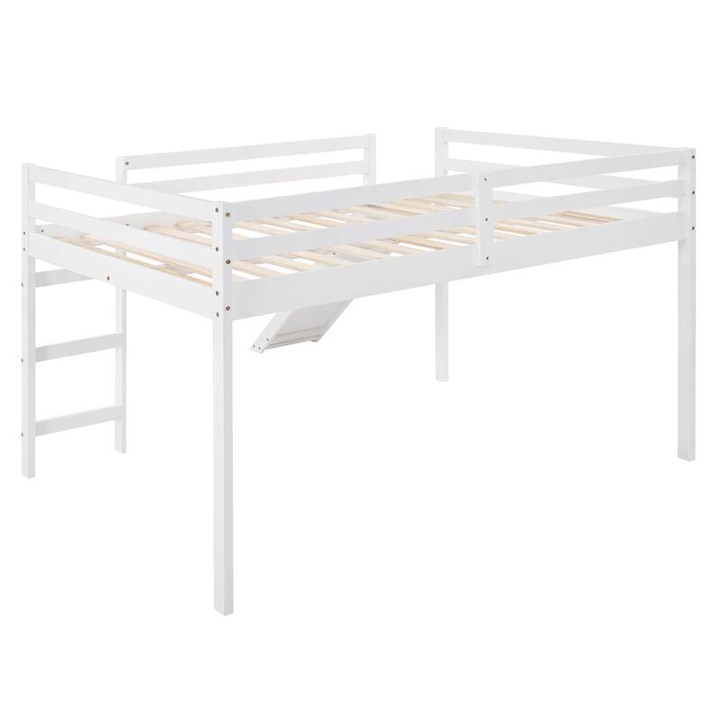 Minimalistic Wood Full Size Loft Bed with Ladder, Slide and Guardrails
