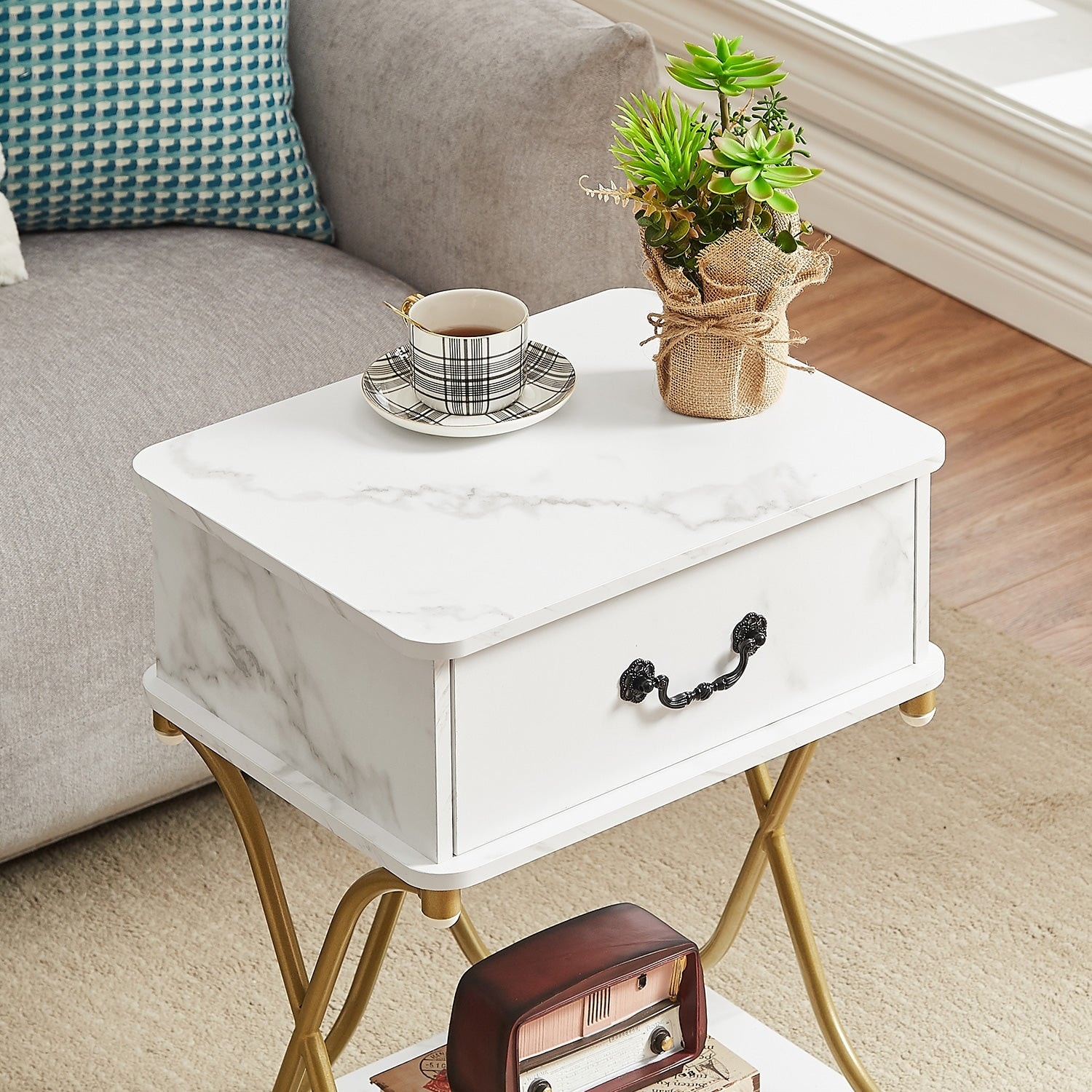 Modern X-Design Nightstand with 1 Drawer & Storage Shelf-image