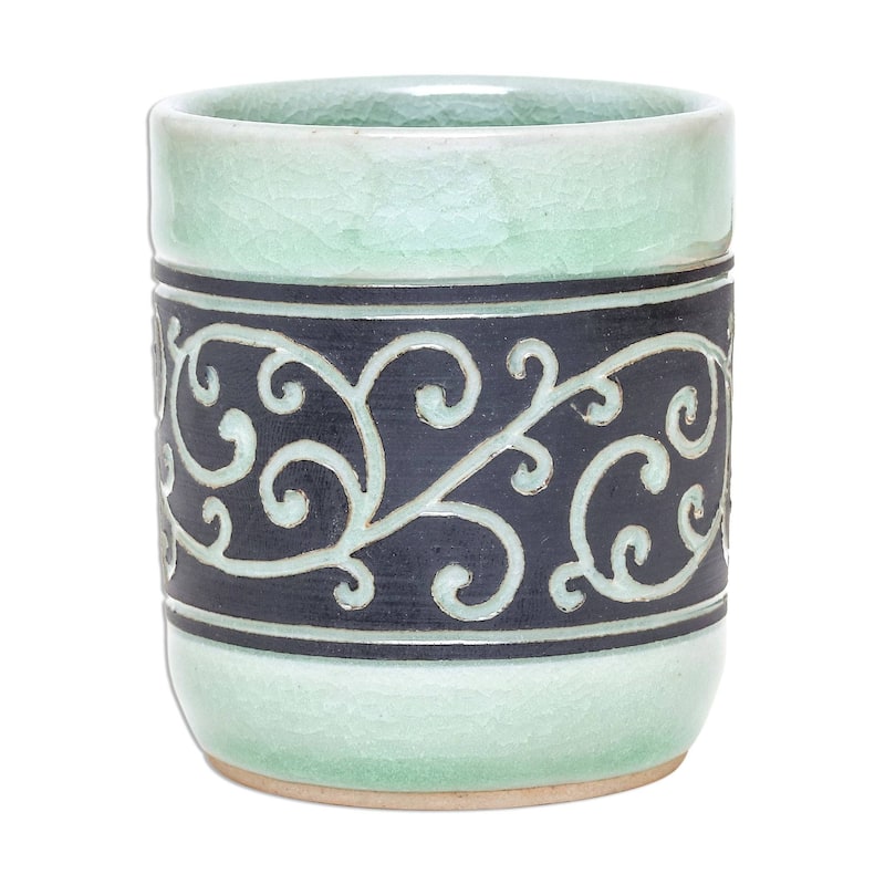 Handmade Kanok Tendrils Celadon ceramic teacup (Thailand)