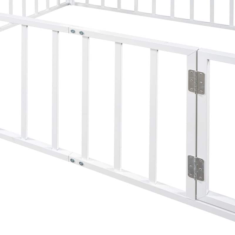 Queen Size Metal Floor Bed Frame with Fence and Door