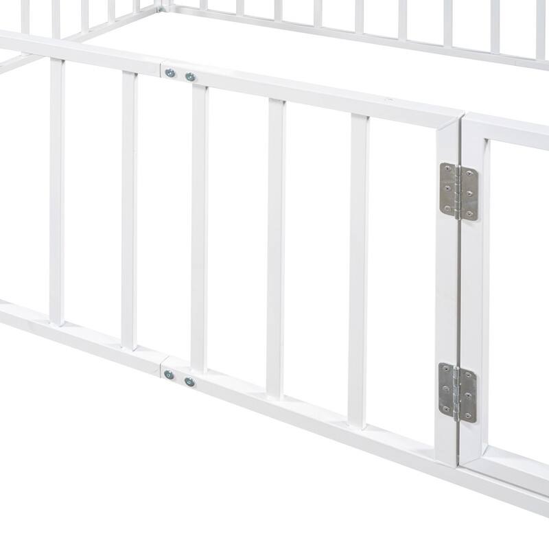 Twin/Full/Queen Size Floor Bed for Kids, Montessori Beds with Rails and Door, Metal Playhouse Bed Frame w/ Fence for Boys Girls