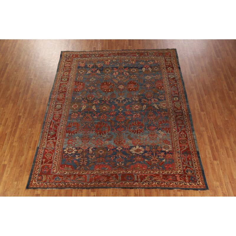 Hand Knotted Oriental 100% Wool Carpet Traditional Floral Navy Blue & Blues Heriz Area Rug - 10' 9'' X 9' 3''