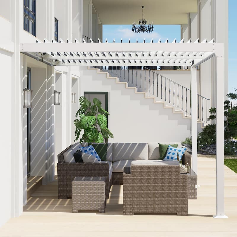 Aoodor Outdoor Aluminum Wall Mounted Louvered Pergola Waterproof Gazebo Sun Shade Shelter with 2 Adjustable Rainproof Panels
