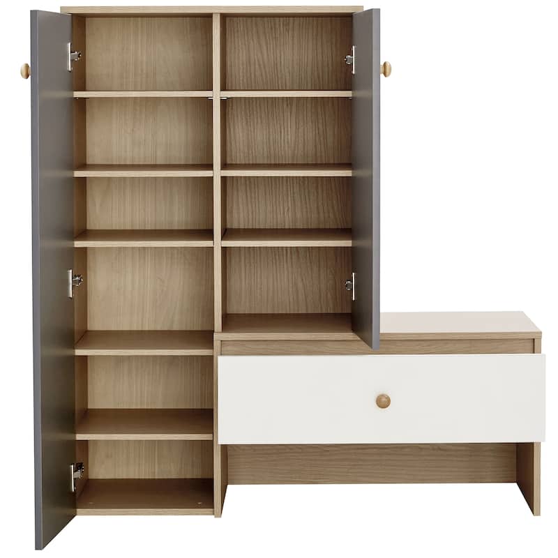 Double Door Wood Shoe Cabinet with Bench, Freestanding Storage Shoe Rack with Adjustable Shelves for Entryways or Hallways