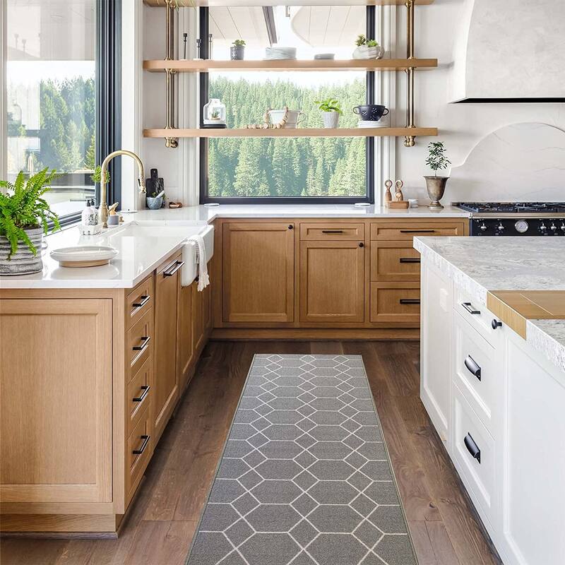 Custom Size Hexagon Gray 26 Inch Wide Non-Slip Stair Runner Rug