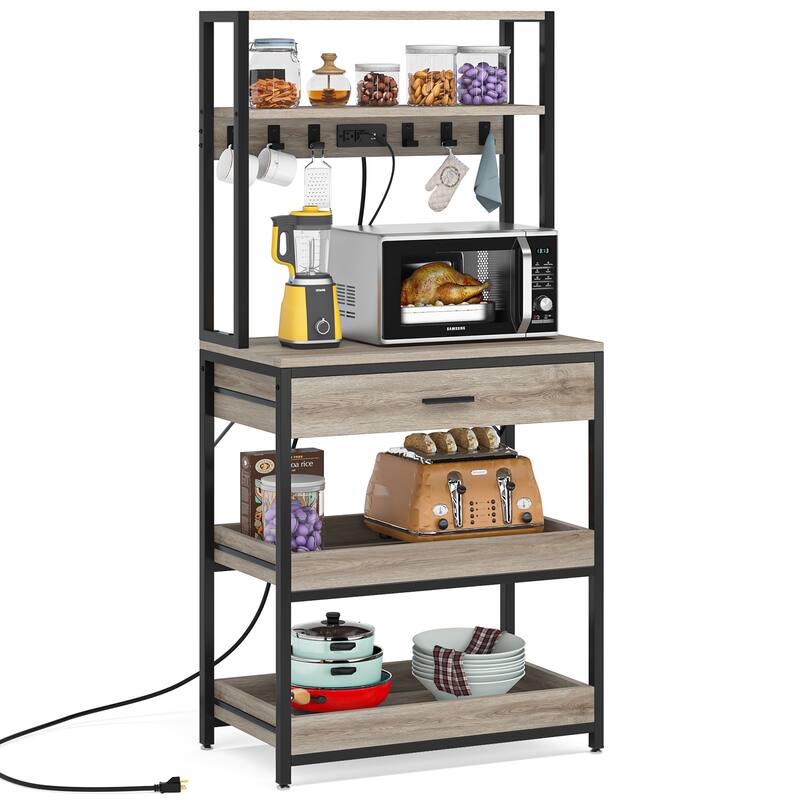 5-Tier Kitchen Bakers Rack with 4 Power & USB Outlets, Microwave Stand with Drawers and Shelves