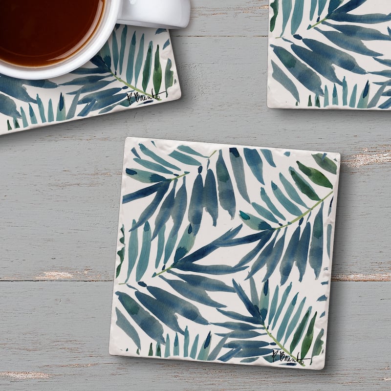 Counterart Absorbent Stone Coasters - Blue Palms - Set of 4 - 4x4x108