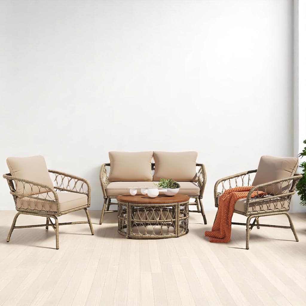 4-Piece Boho Wicker Patio Conversation Set with Acacia Wood Table, Removable Cushions-4-Person Outdoor Seating Group sofa set