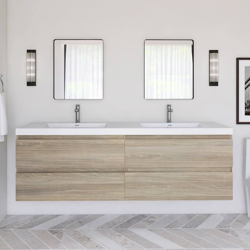 Modern Wall-Mounted Bathroom Vanity with White Solid Surface Top - 70.87'' x 19.69'' x 22.44'' - Grey and White