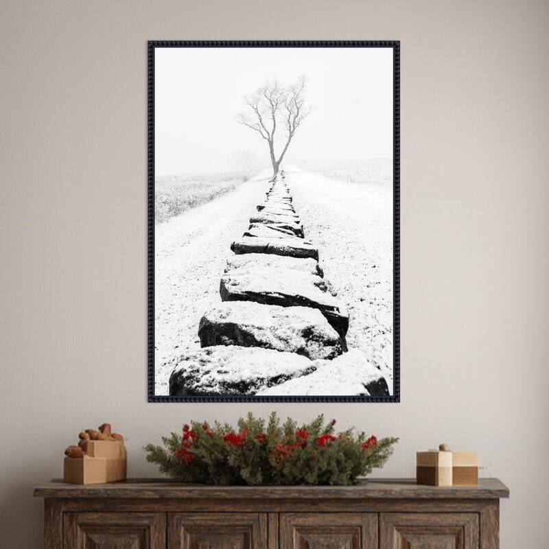 Snowy Stone Wall by Aledanda (23 x 33 in.), Framed Canvas Wall Art Print - Sylvie Beaded Black