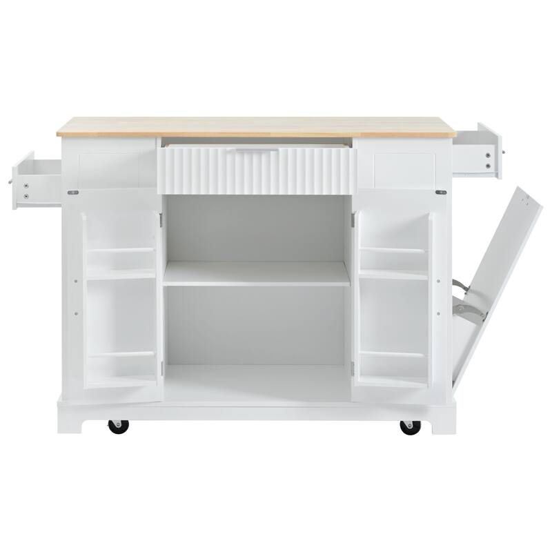 Fluted Rolling Kitchen Island with Trash Can Storage Cabinet,Power Outlet,5 Wheels