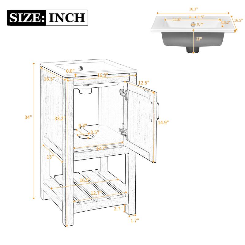 16 Inch Bathroom Vanity with Rectangular Sink, Grey Storage Cabinet with Door and Shelf, Ideal for Small Bathrooms