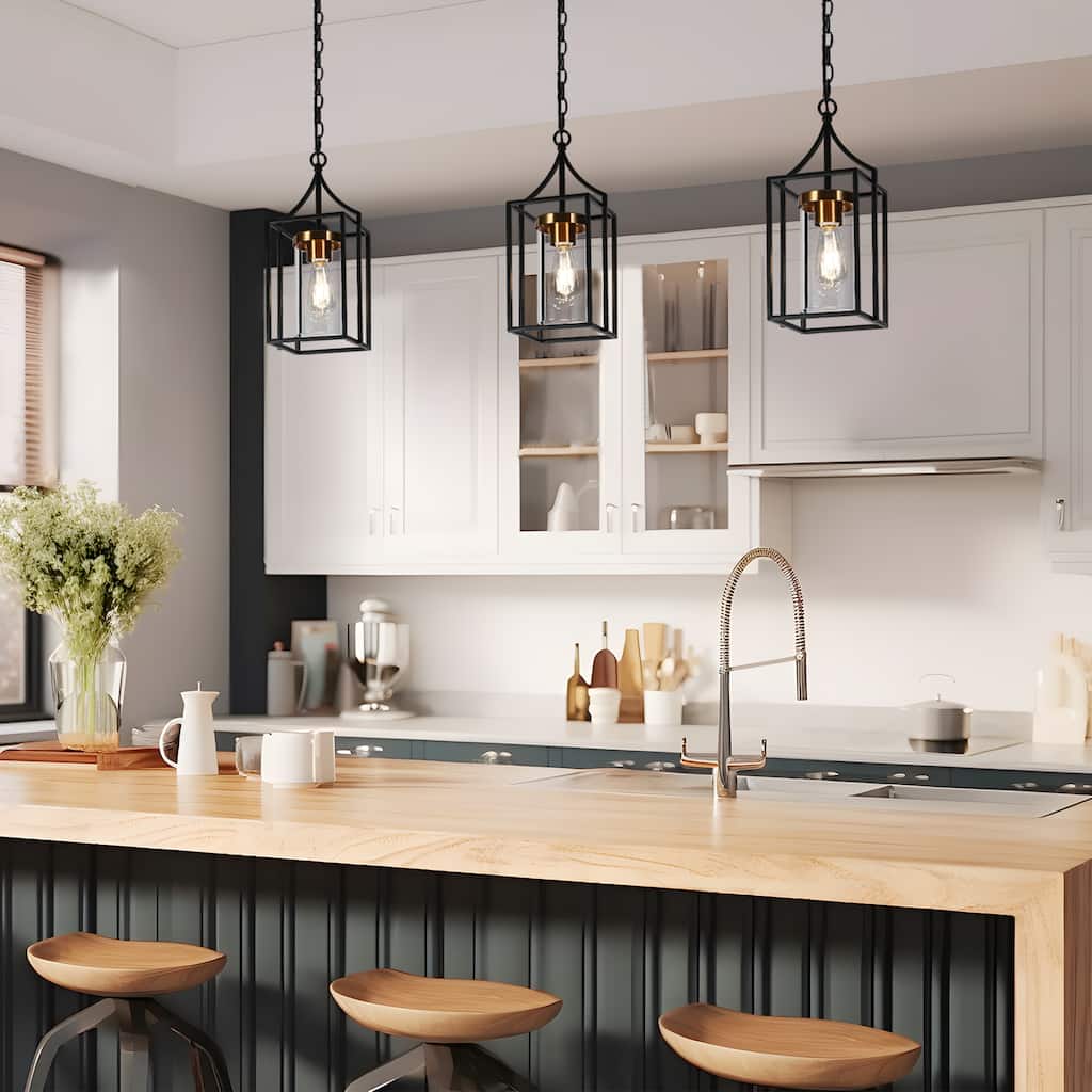 Modern Farmhouse Black Gold Pendant Light with Clear Glass Shade for Kitchen Island